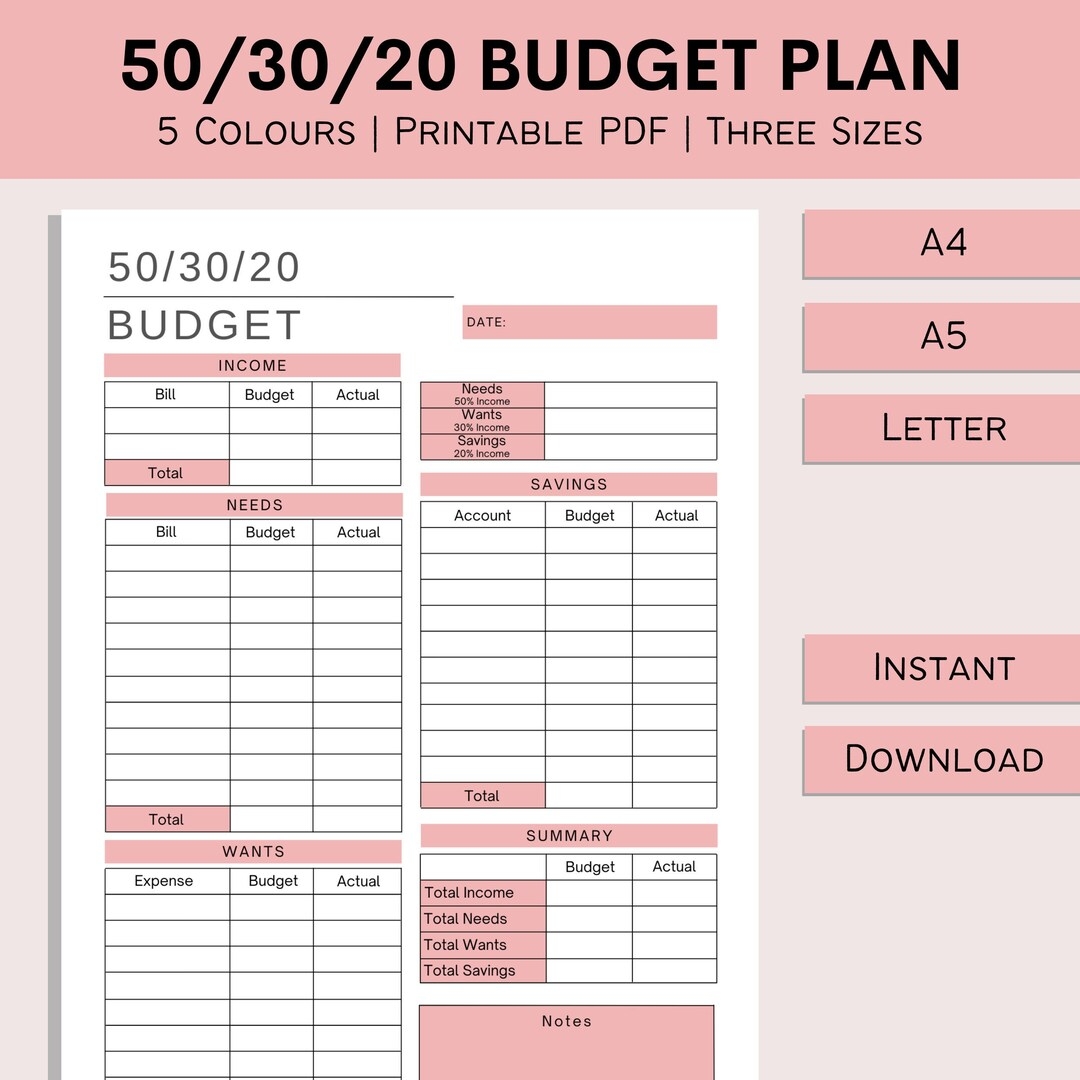 50 30 20 Budget Planner Template Monthly Budget Sheet Money 
