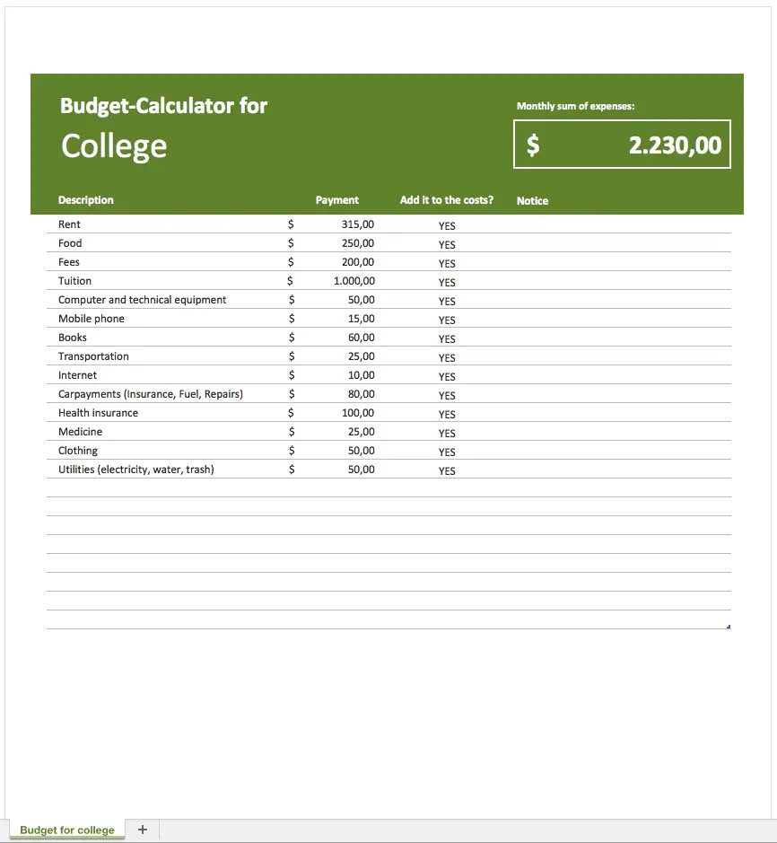 Student Budget Planner Template Excel