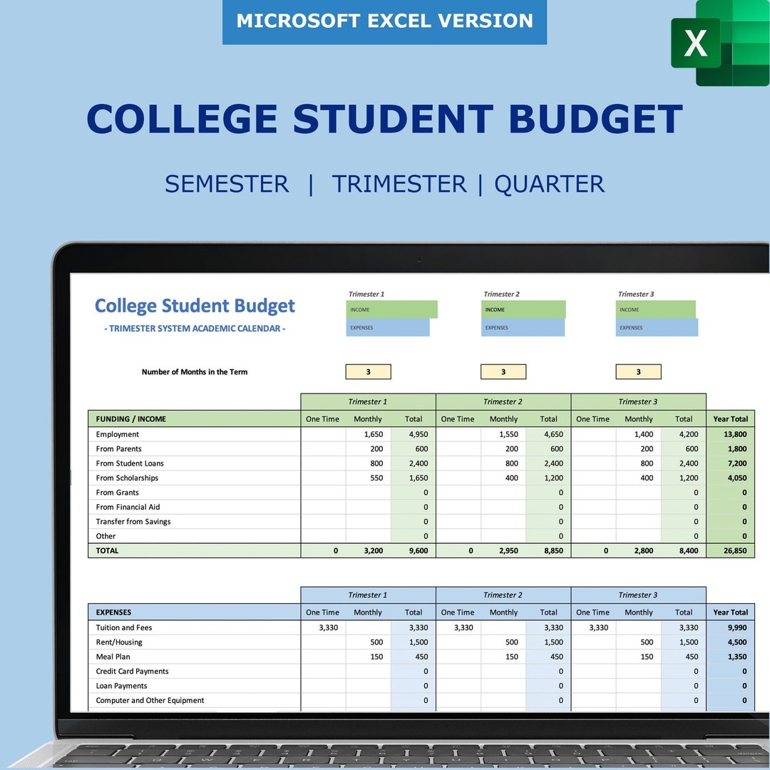 College Student Budget Excel Template Essential Student Budget Planner 