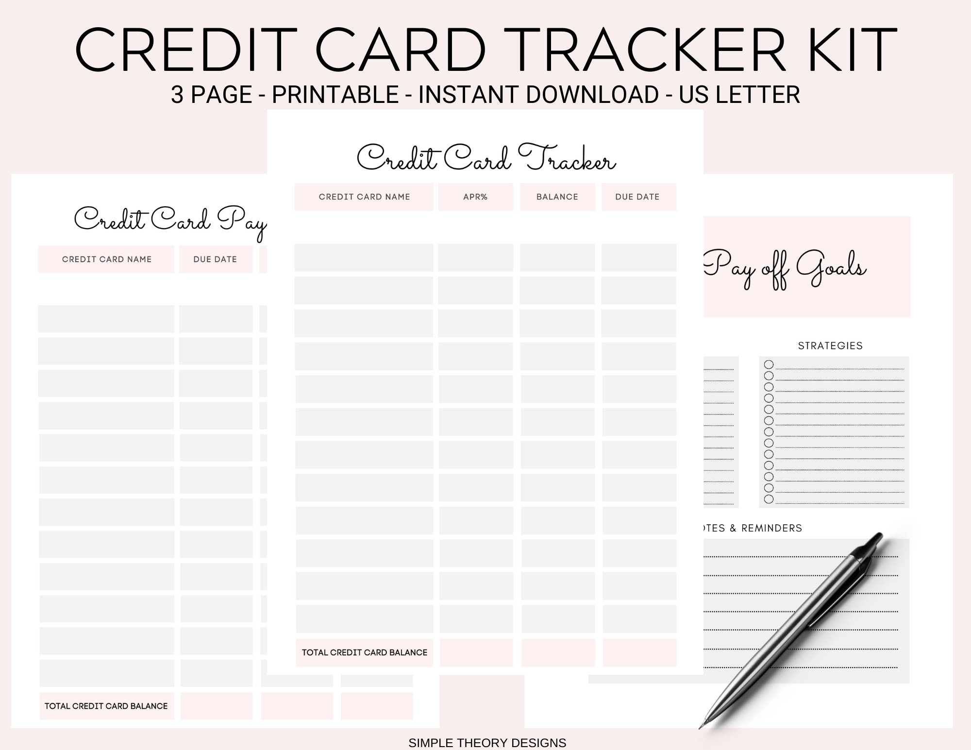 Credit Card Tracker Template Organizer Debt Pay Off Kit Set Printable 3 