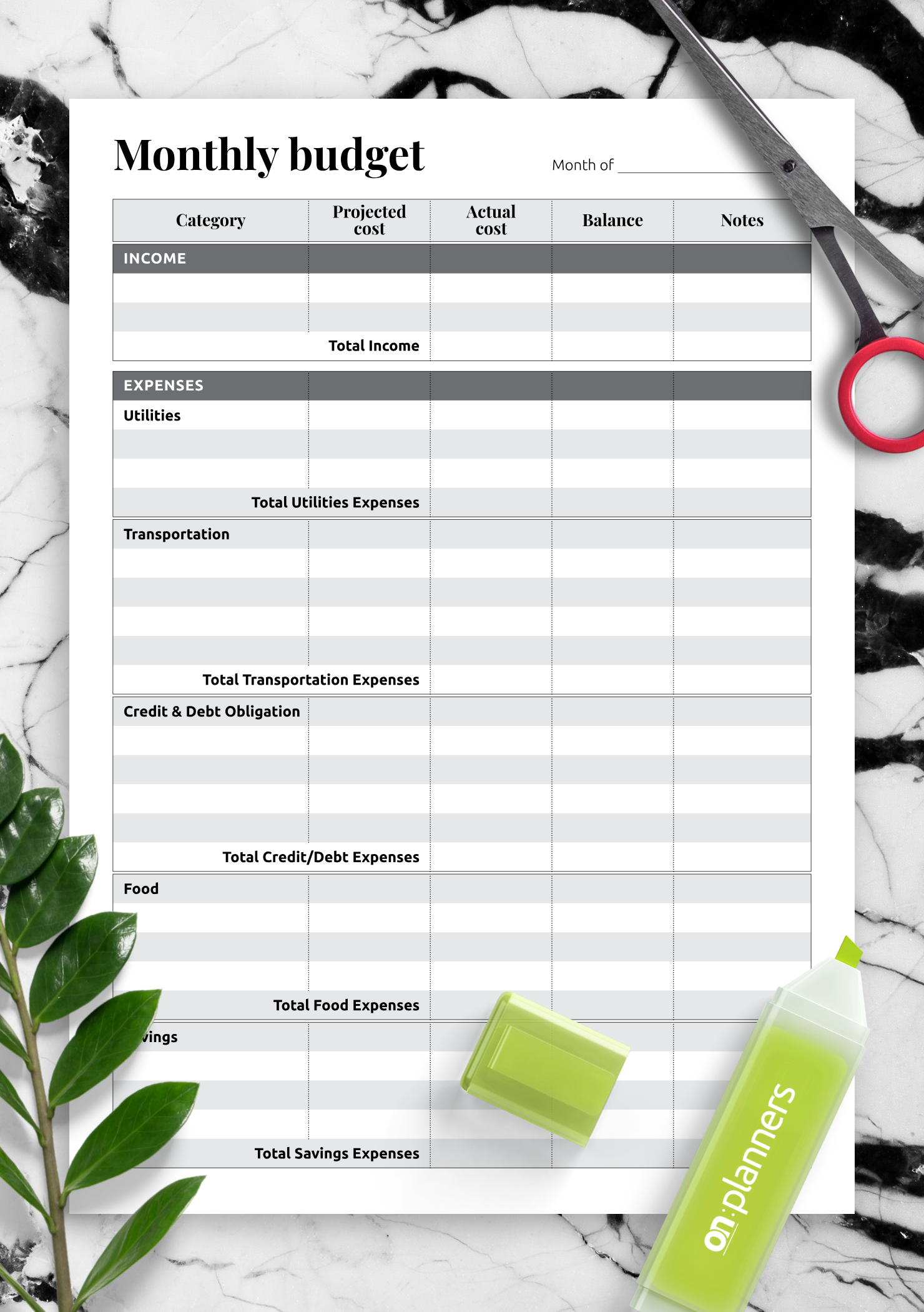 Monthly Household Budget Planner Template