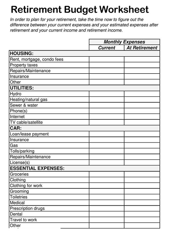 Excel Retirement Budget Worksheet Budgeting Worksheets