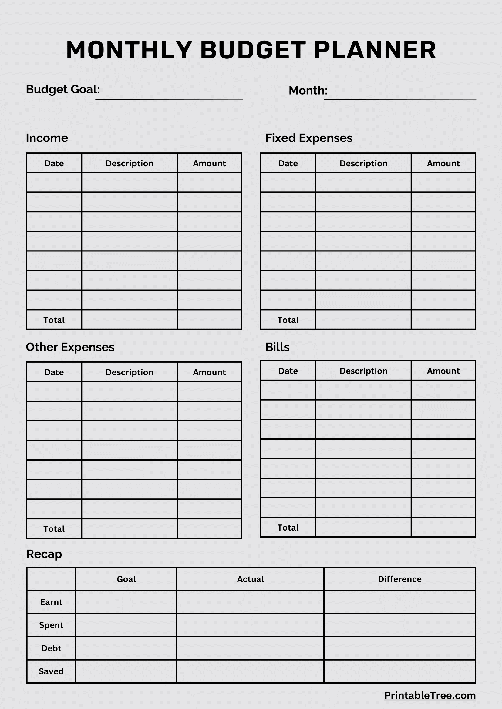 Monthly Budget Planner Template Printable