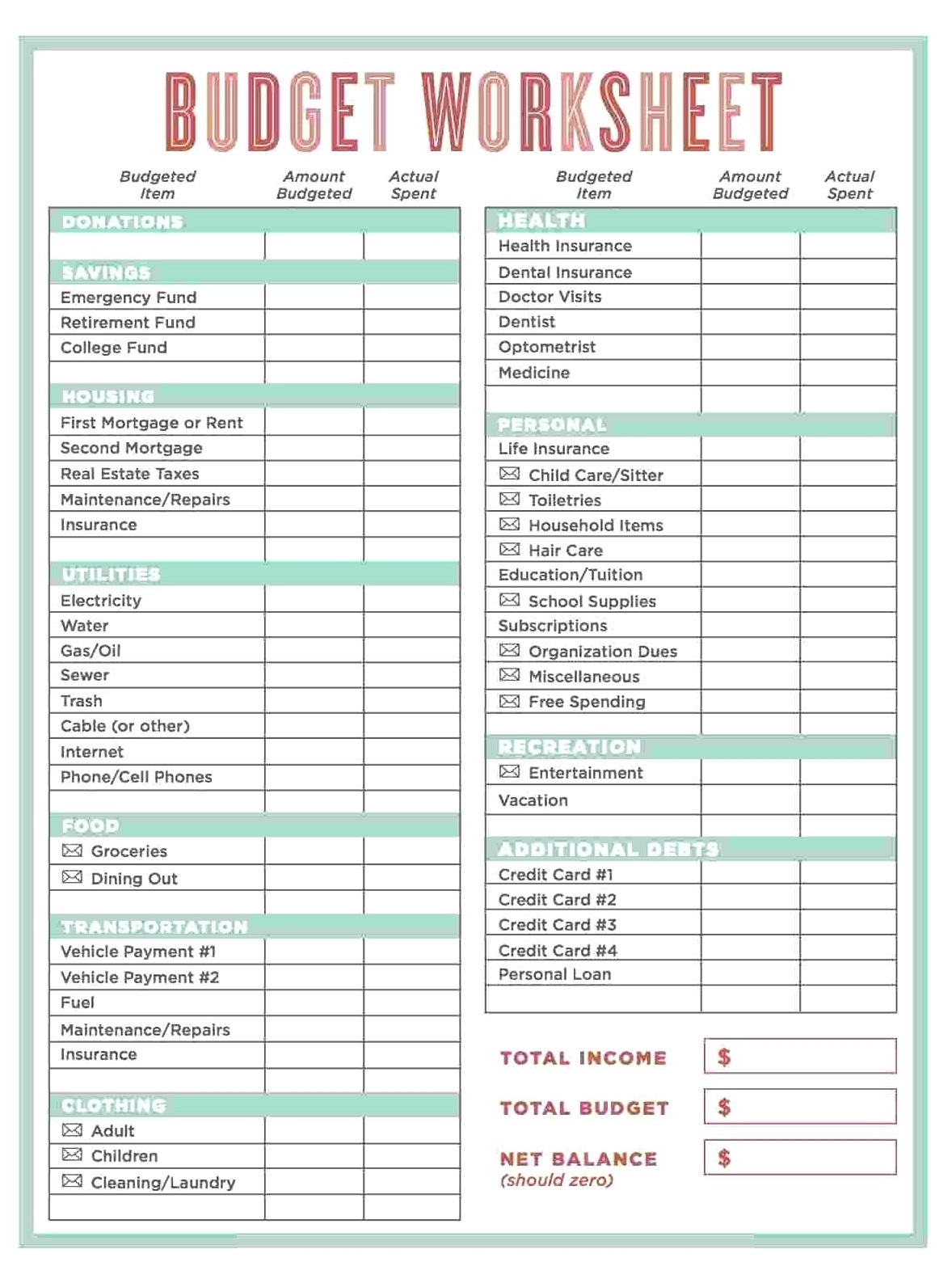 Free Personal Budget Template Printable Printable Templates