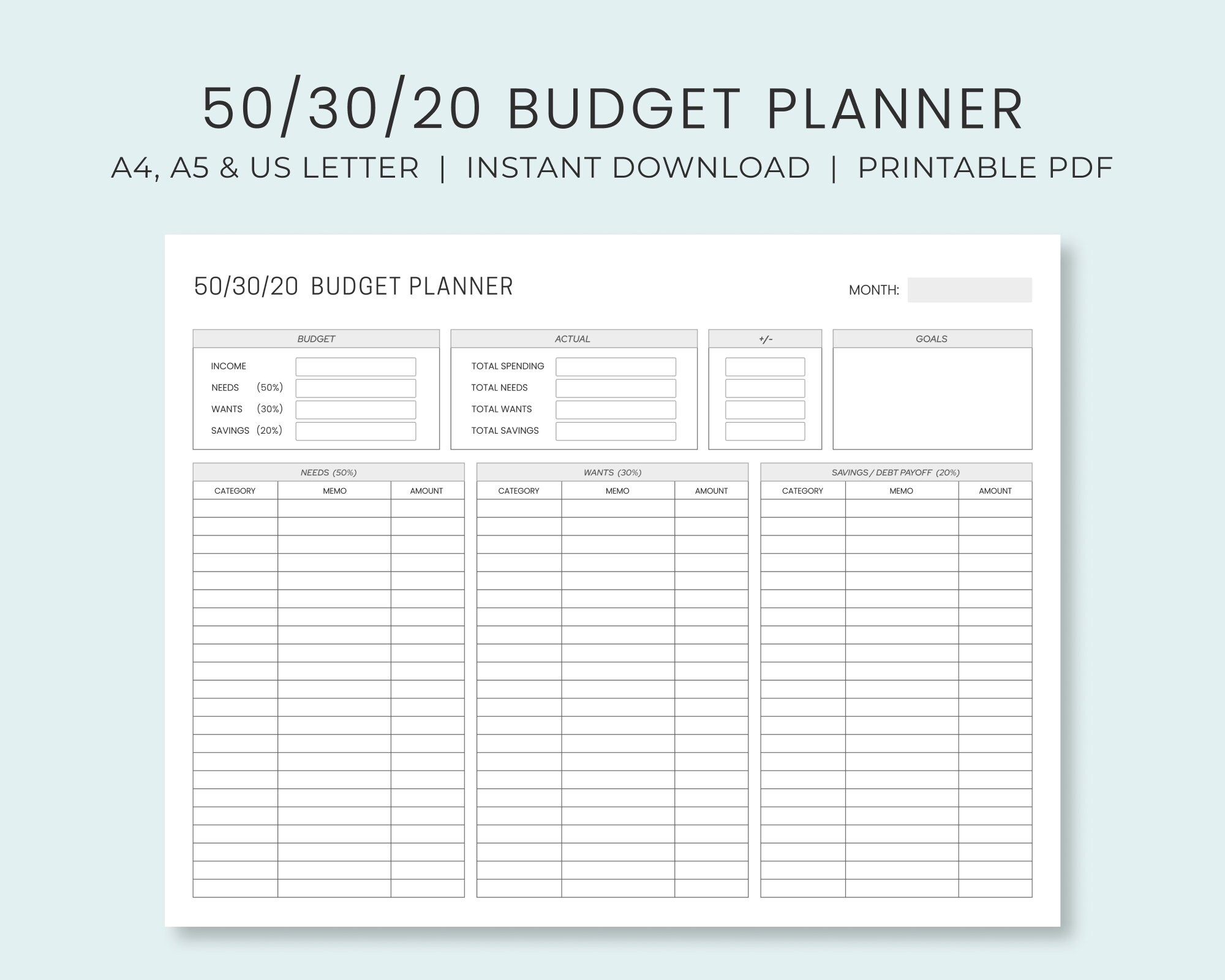 Monthly Budget Planner 50 30 20 Rule Income Expense Money 