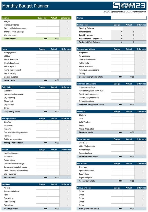Excel Monthly Budget Planner Template
