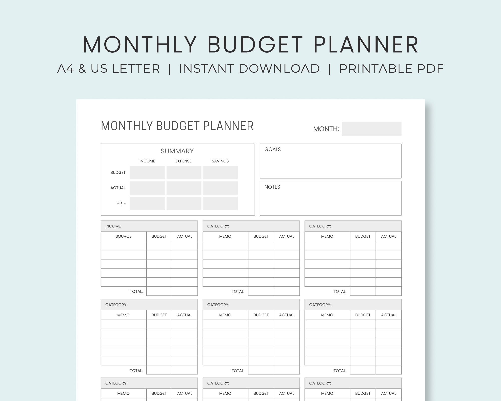 Monthly Budget Planner Printable Monthly Financial Planning Income 