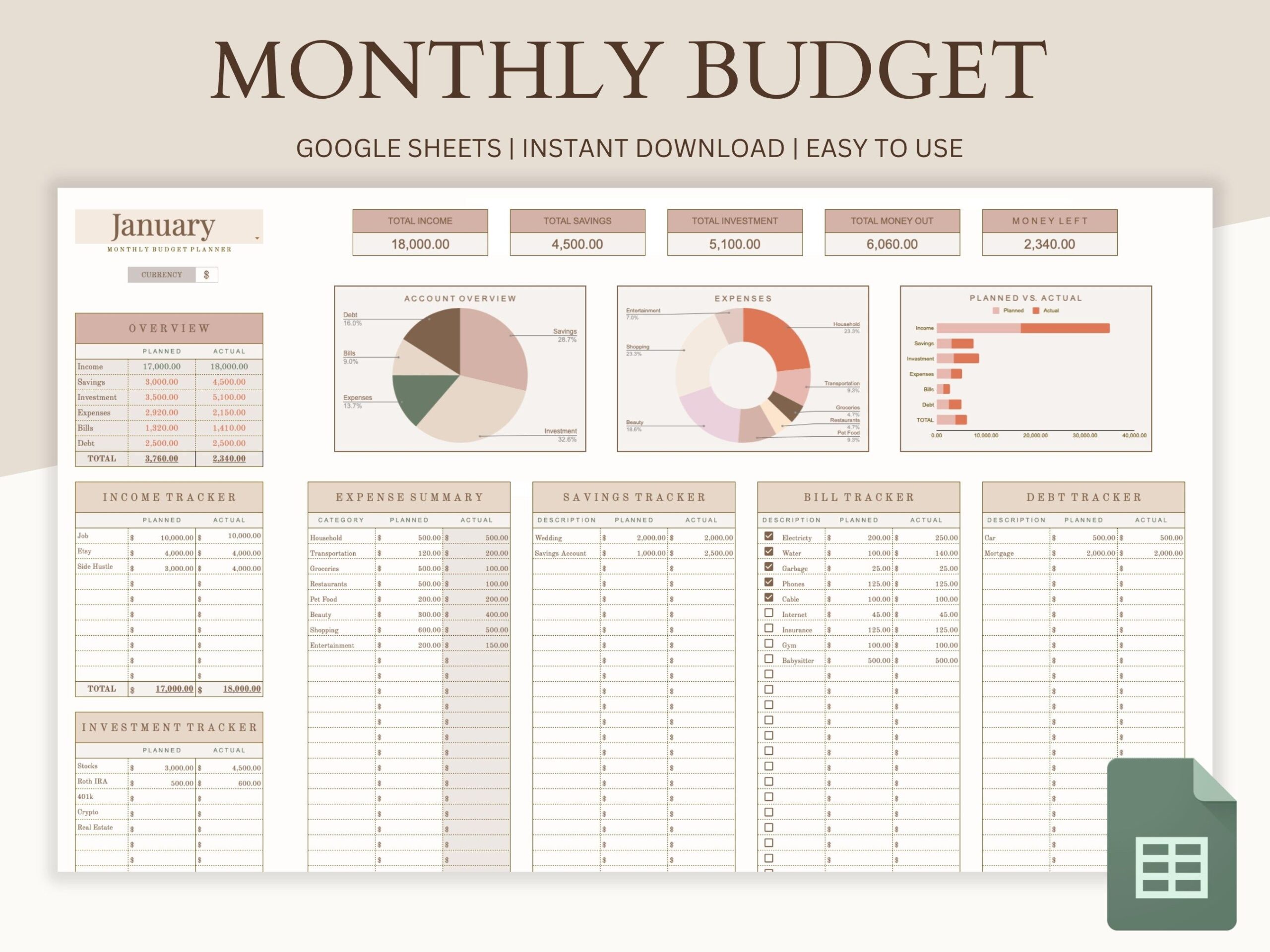 Monthly Budget Spreadsheet Google Sheets Budget Template Planner 