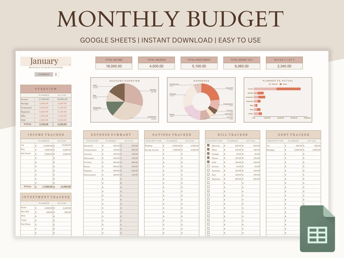Monthly Budget Spreadsheet Google Sheets Budget Template Planner 
