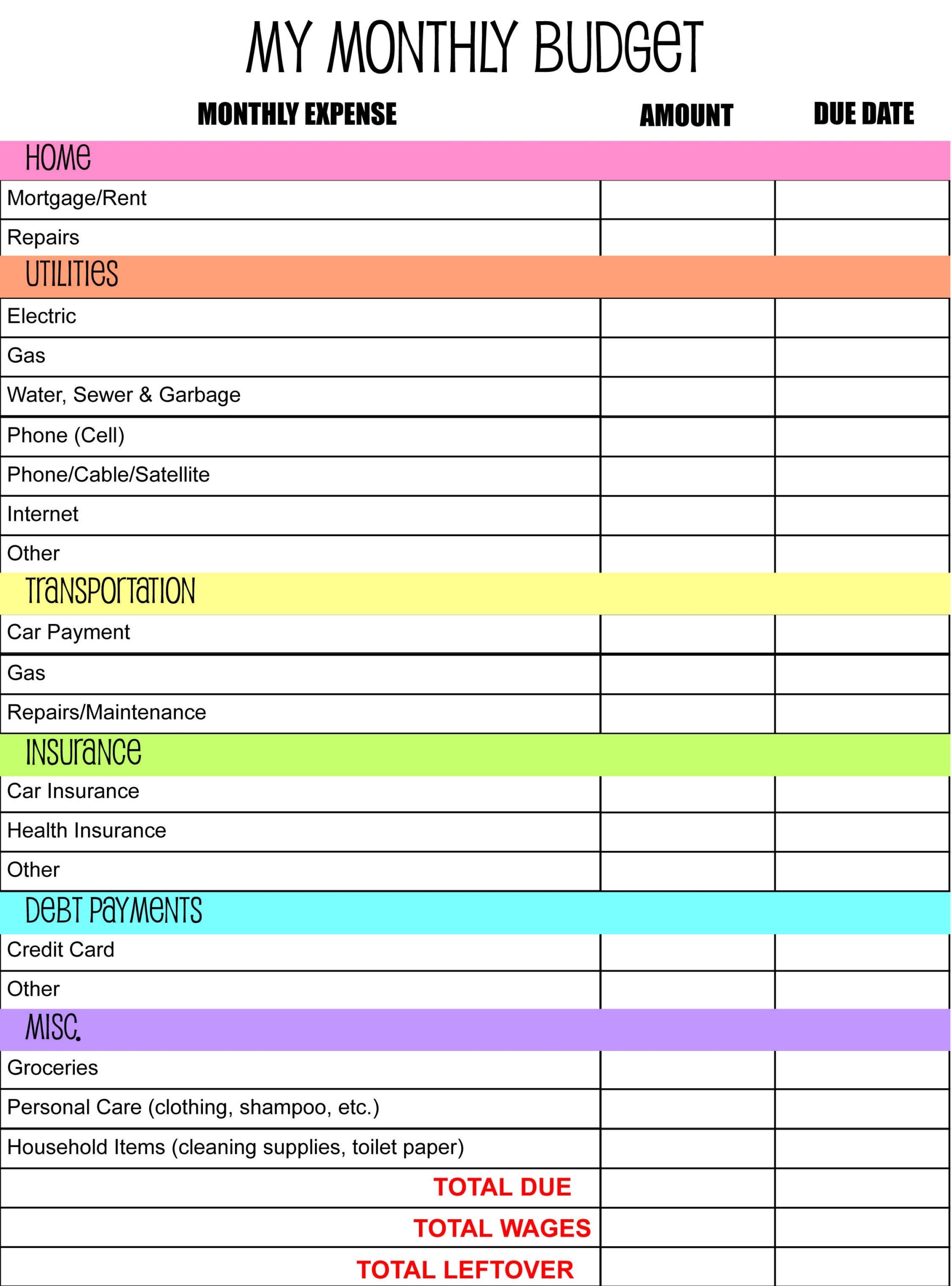 Monthly Budget Template Printable