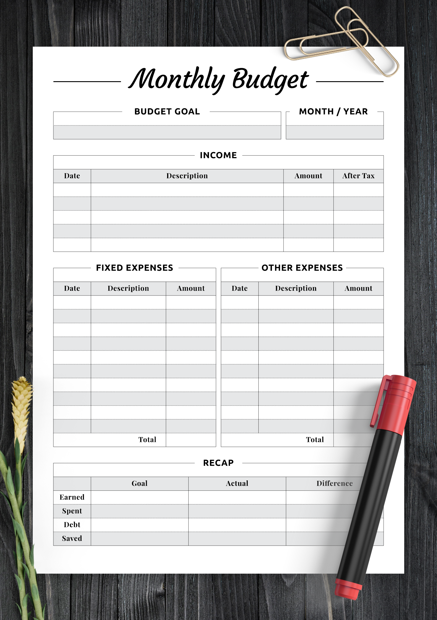 One Page Monthly Budget Planner With Pretty Simple Design And Basic 