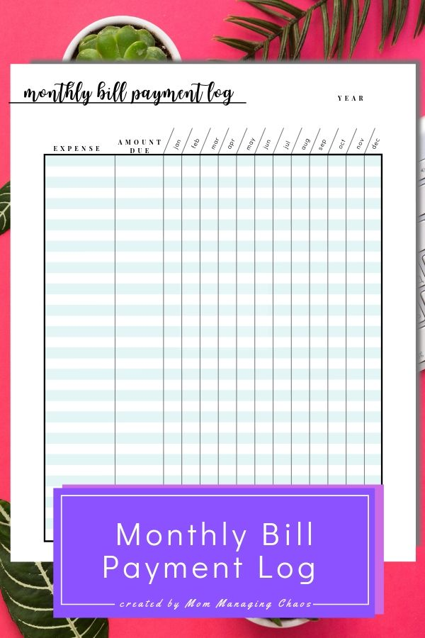 Organizer Free Printable Monthly Bill Payment Log Printable Budget 
