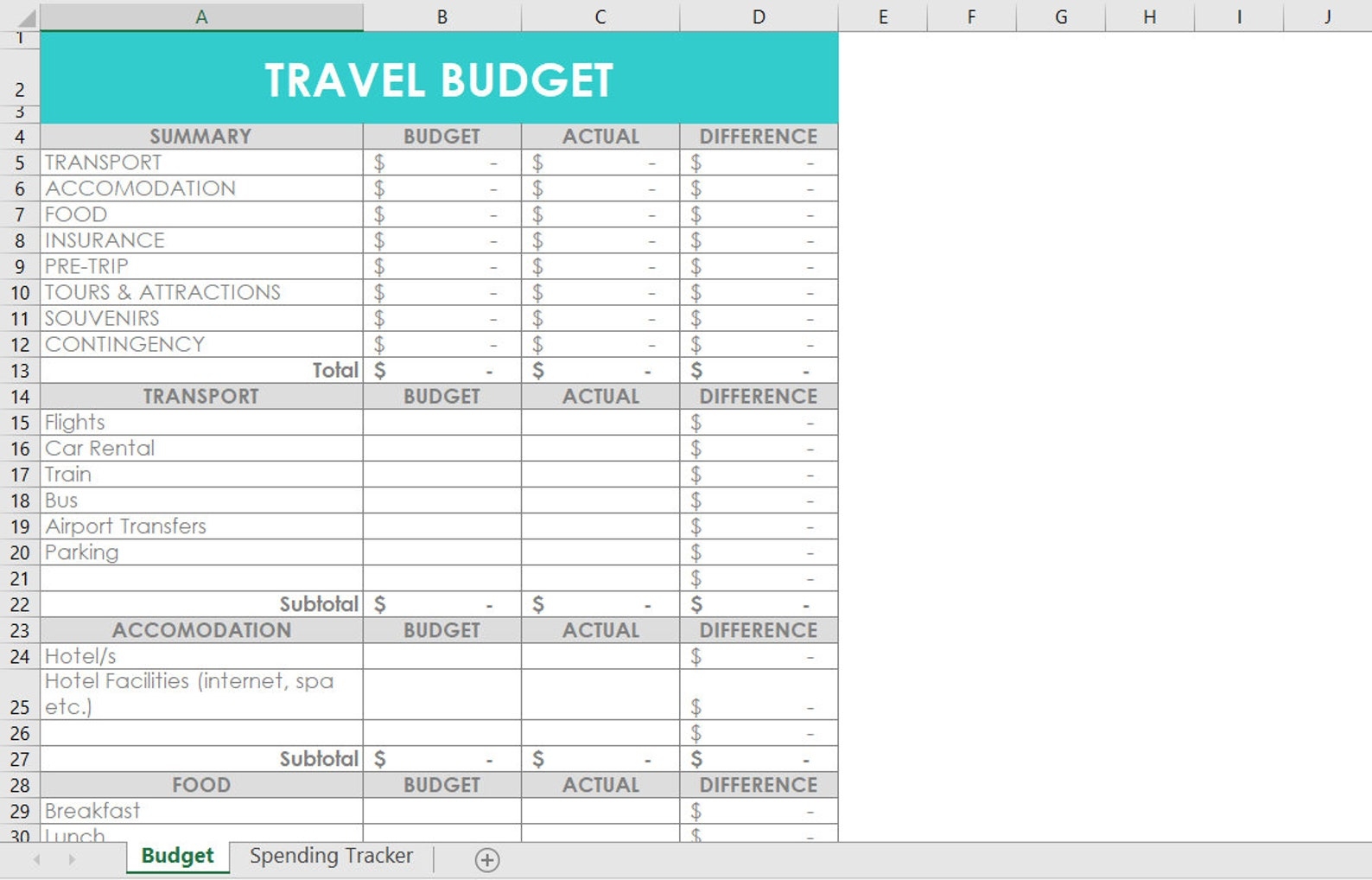 Travel Budget Excel Spreadsheets Template Customisable Vacation Trip 