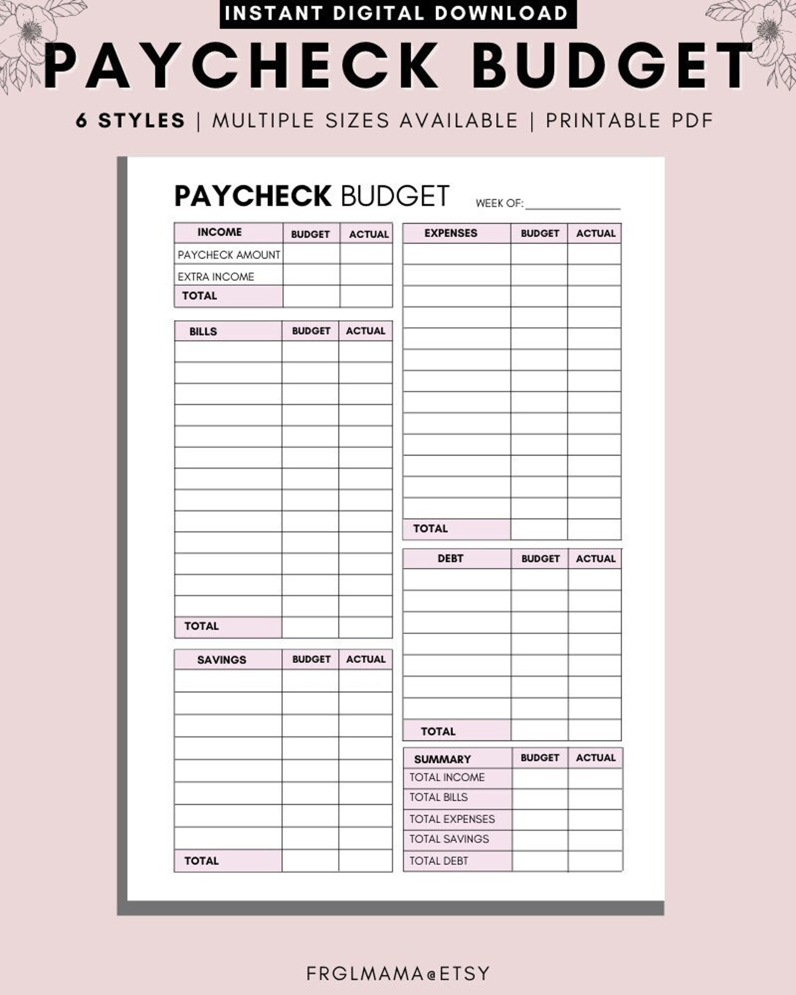 WEEKLY Budget Overview Template Printable Paycheck Budget Etsy