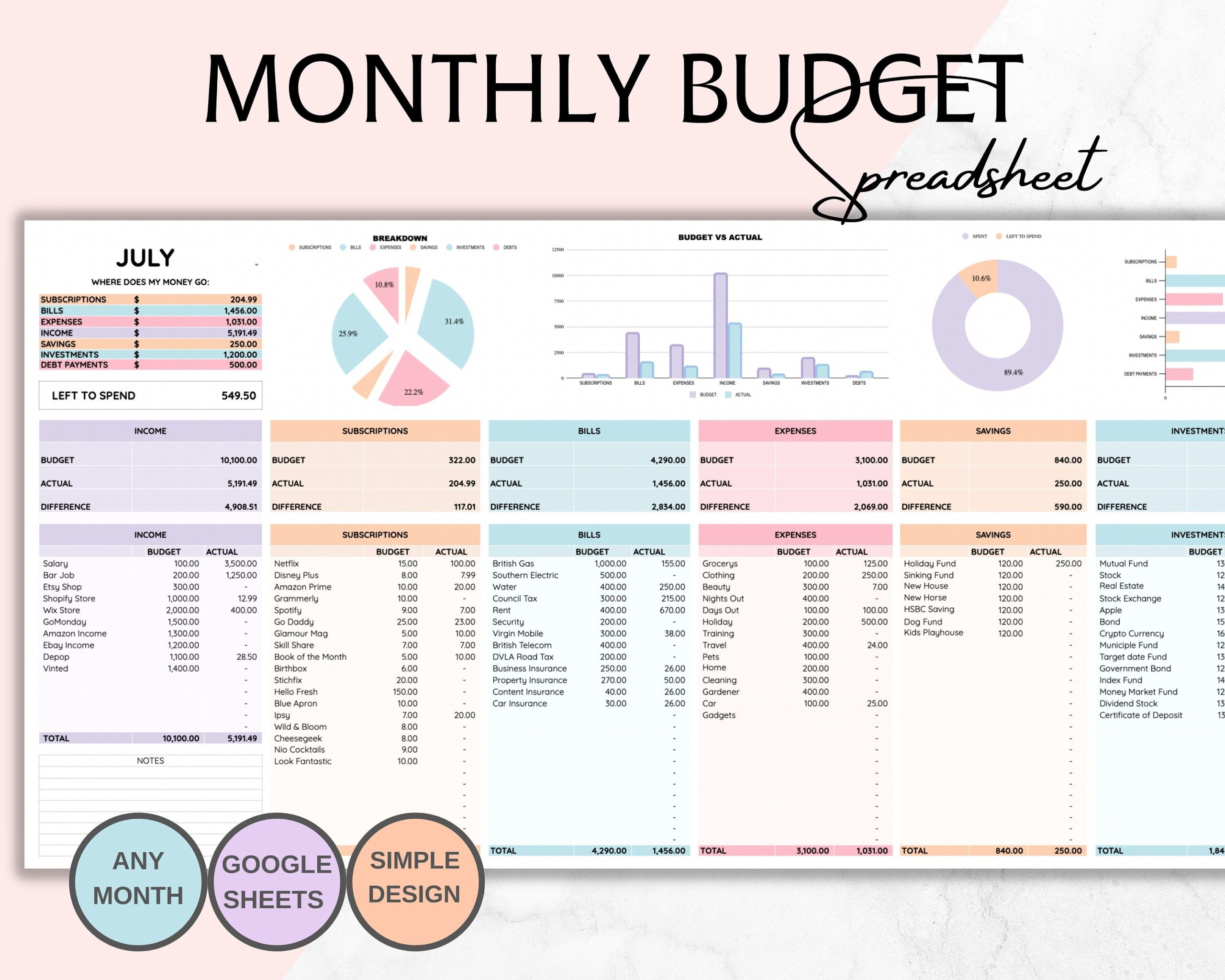 Budget Planner For Google Sheets Monthly Budget Spreadsheet Paycheck