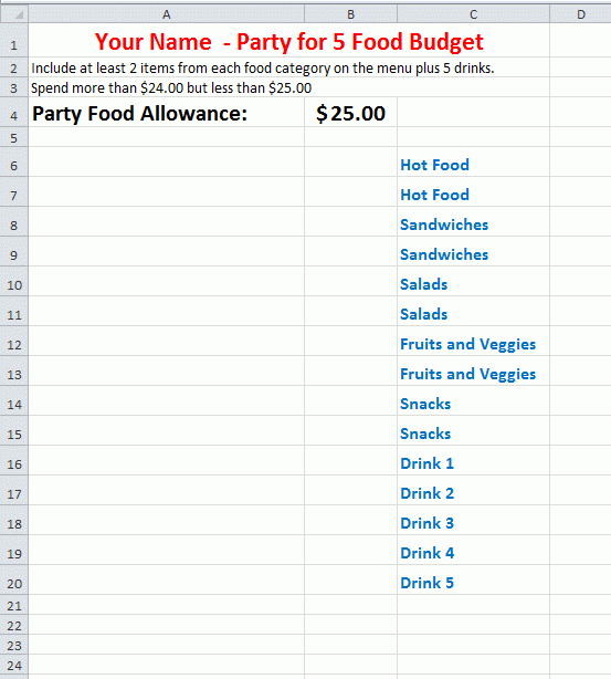 Excel Party For 5 Food Budget K 5 Computer Lab