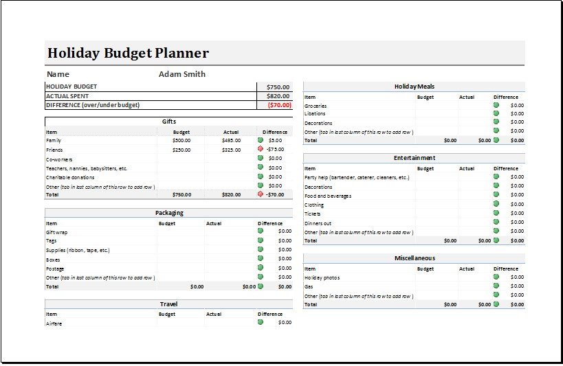 Holiday Budget Planner Template For EXCEL Excel Templates