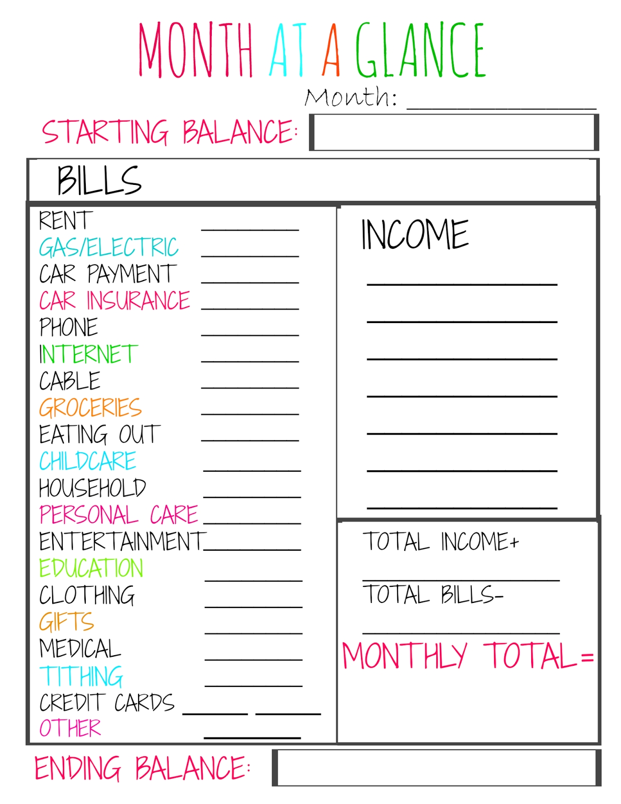 Month At A Glance Bill Organizer
