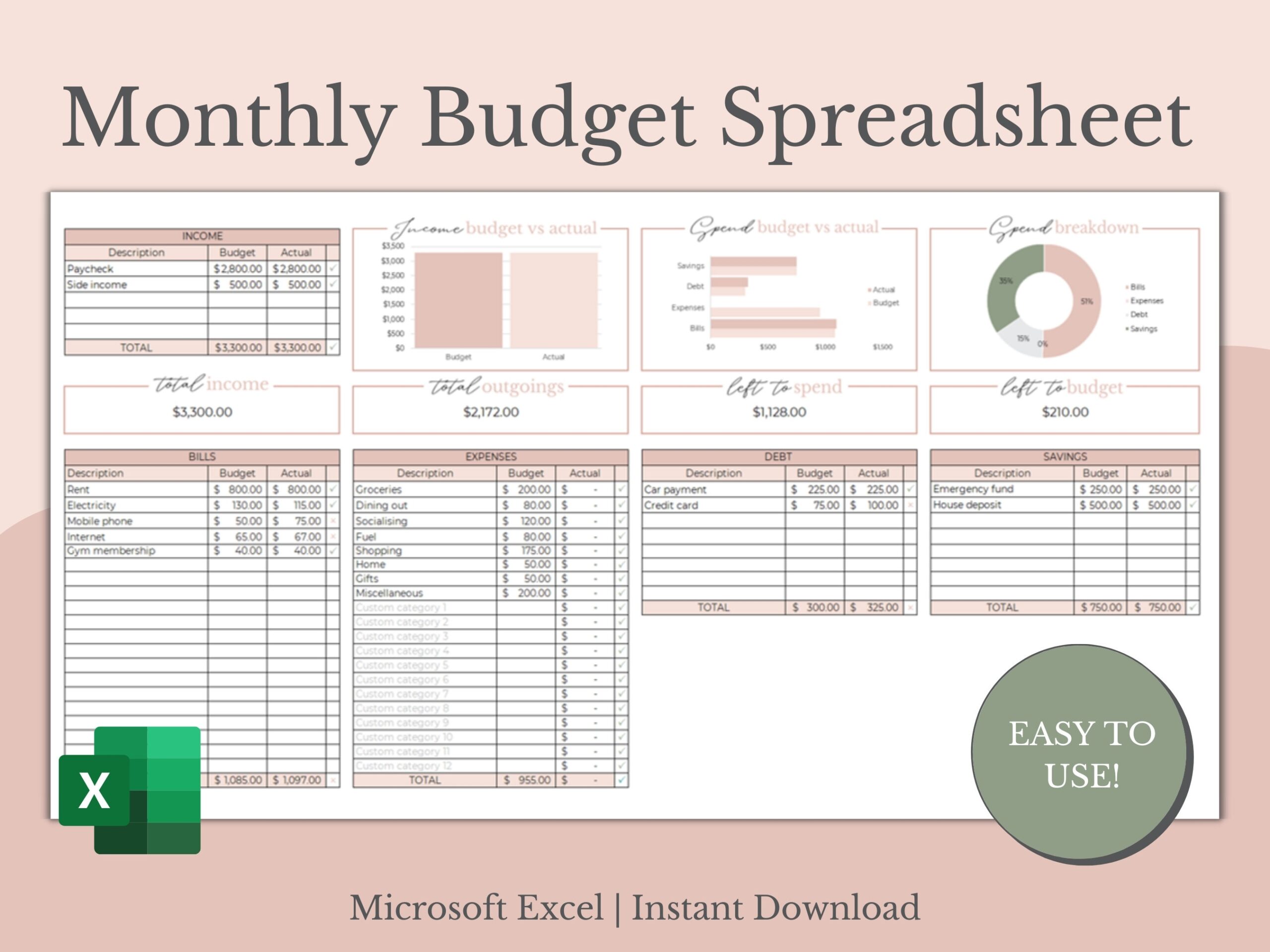 Monthly Budget Spreadsheet Excel Template Simple Budget Etsy UK