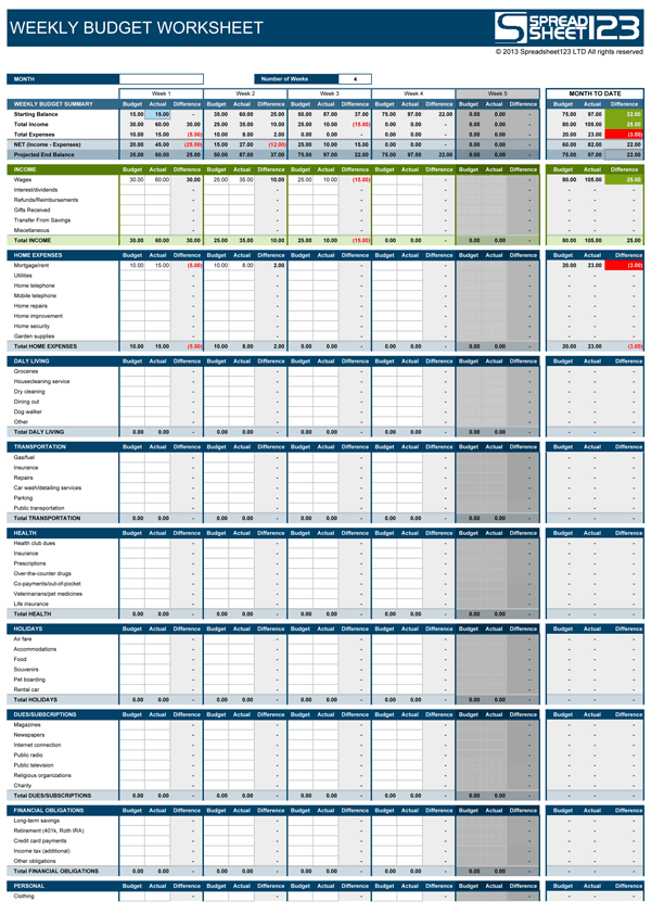 Weekly Budget And Bi Weekly Spreadsheet For Excel